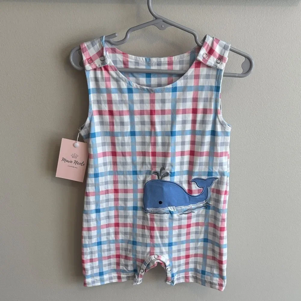 NEW Marie Nicole 12-18 month Plaid Baby Romper with Whale Design